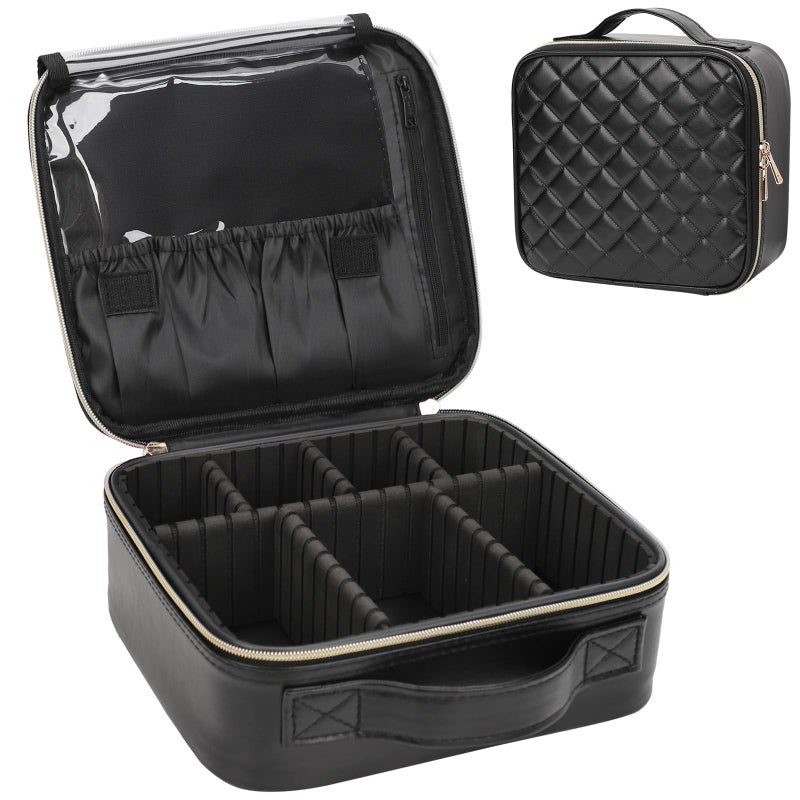 Relavel Makeup Bag  Travel Cosmetic Train Case Organizer Portable Artist Storage Bag with Adjustable Dividers for Cosmetics Makeup Brushes Toiletry Jewelry Digital Accessories Quilted Leather Black - Image 1